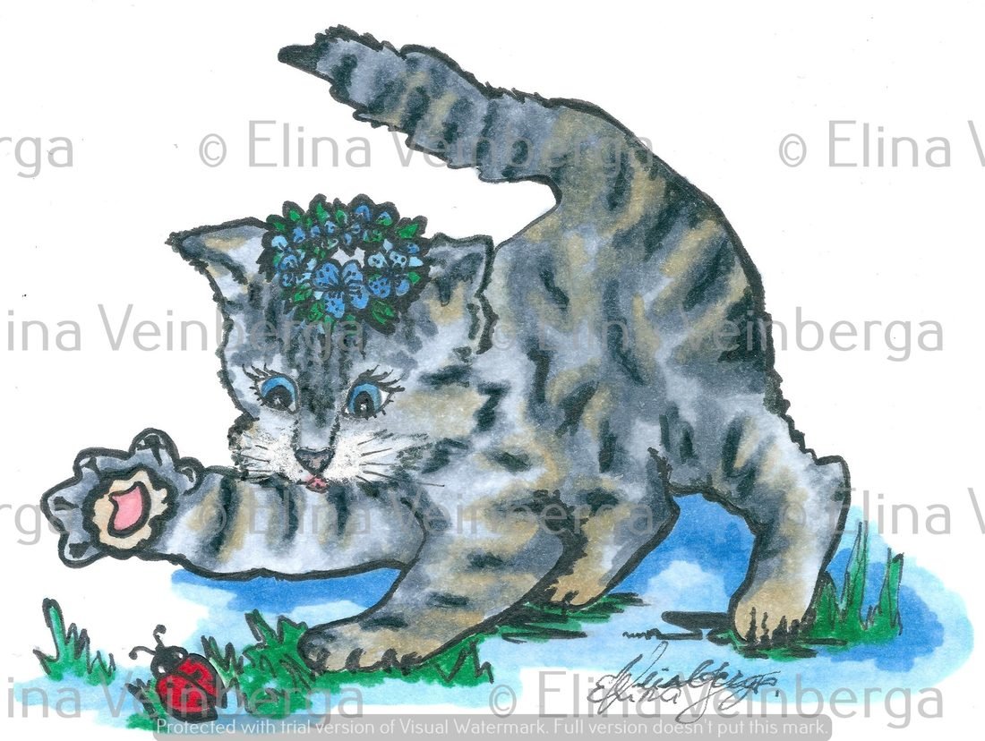 Ink and marker drawing of a playful tabby kitten by Elīna Veinberga