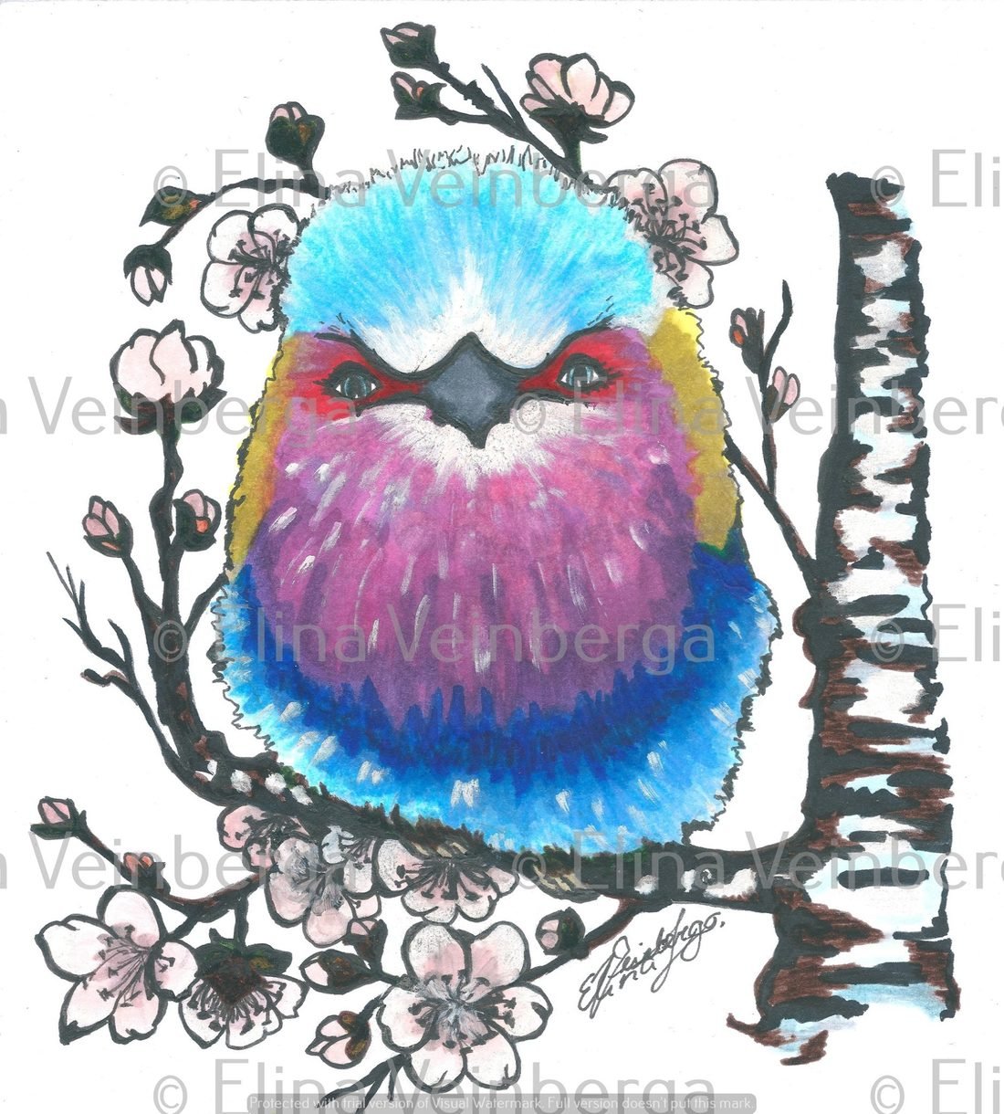 Colourful illustration of a fluffy bird among blossoms by Elīna Veinberga