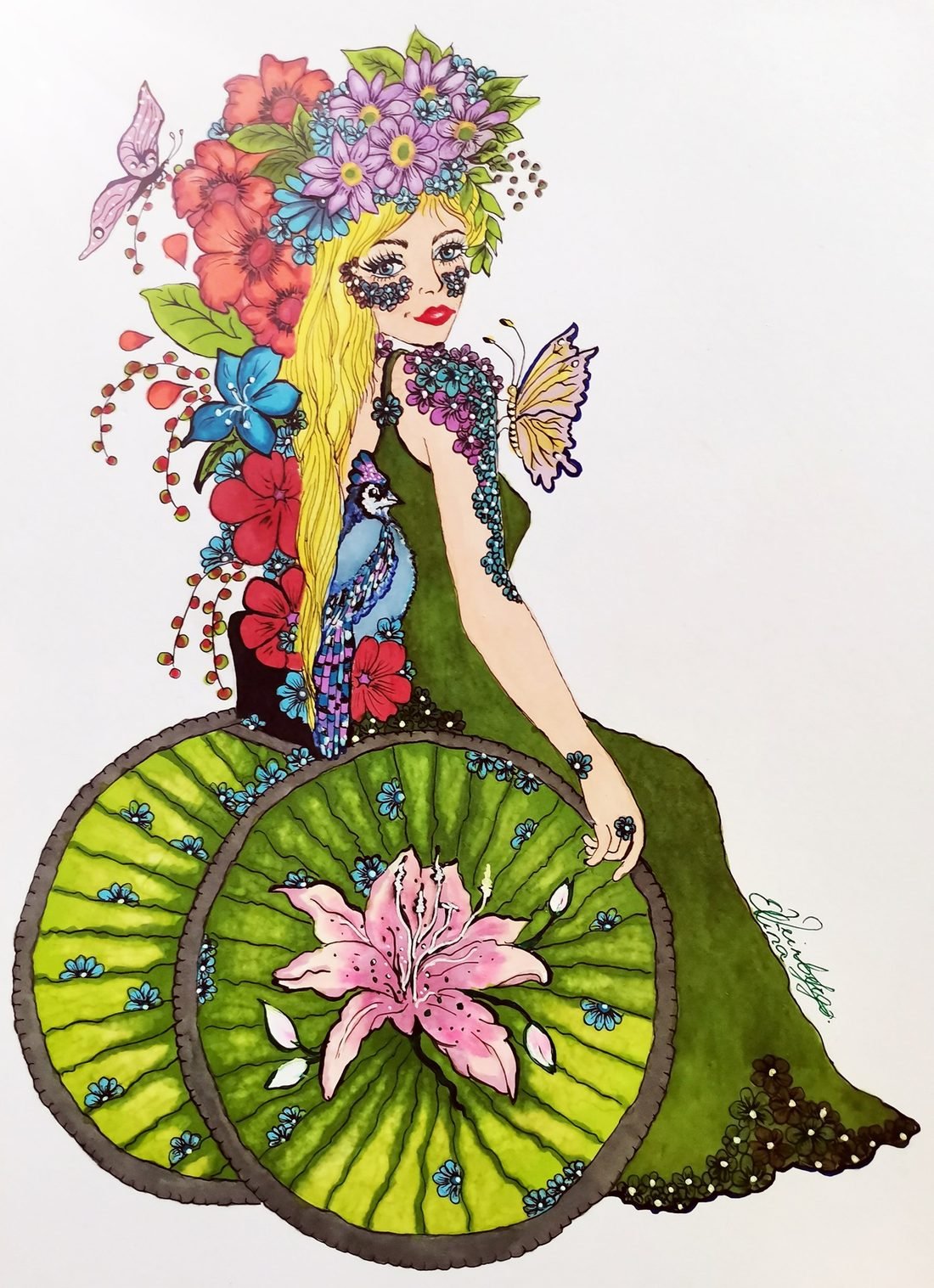 Marker illustration of a woman with flowers in her hair and a butterfly
